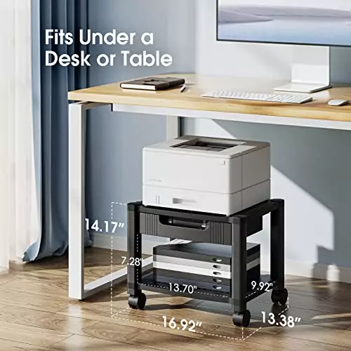 Huanuo Classroom Printer Stand with large storage drawer, locking wheels for stability, and efficient cable management, perfect for educational environments.