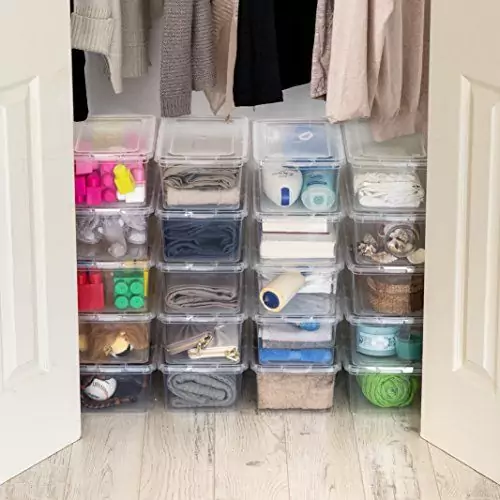 Iris USA 6 QT clear storage box, classroom organizer, BPA-free, ideal for teachers, stackable design for efficient and safe storage.