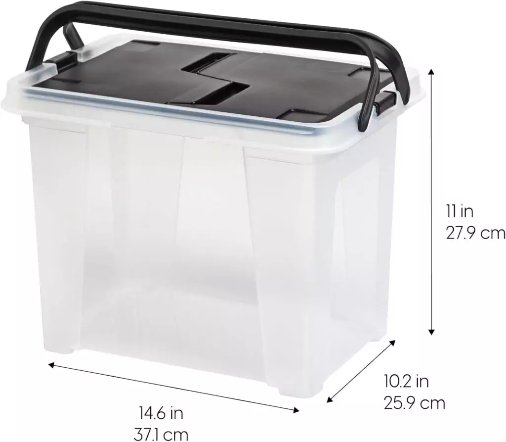 Classroom file organizer box for keeping letter and legal files water-resistant; ideal for maintaining document safety and organization in educational settings.