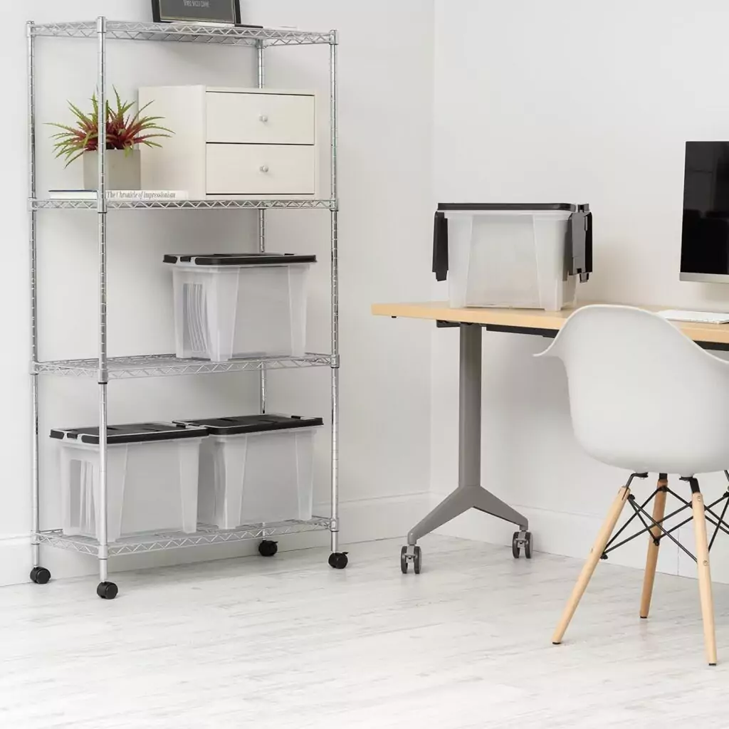 Water-resistant file organizer with wing lid, ideal for letter and legal files. Perfect for classroom use. Set against a blue background.