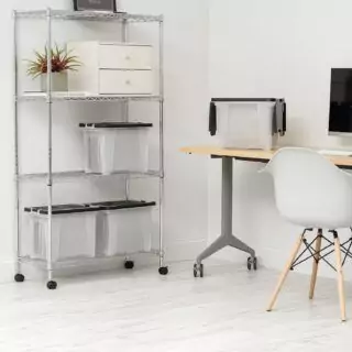 Water-resistant file organizer with wing lid, ideal for letter and legal files. Perfect for classroom use. Set against a blue background.