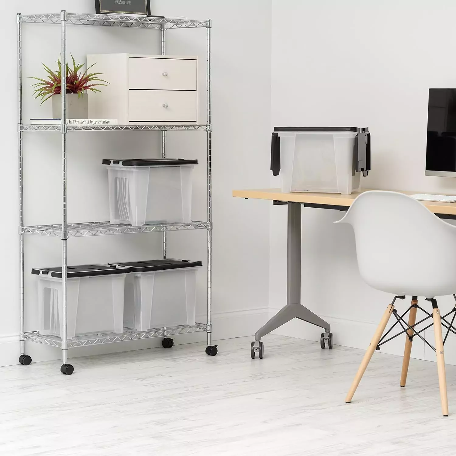 Water-resistant file organizer with wing lid, ideal for letter and legal files. Perfect for classroom use. Set against a blue background.