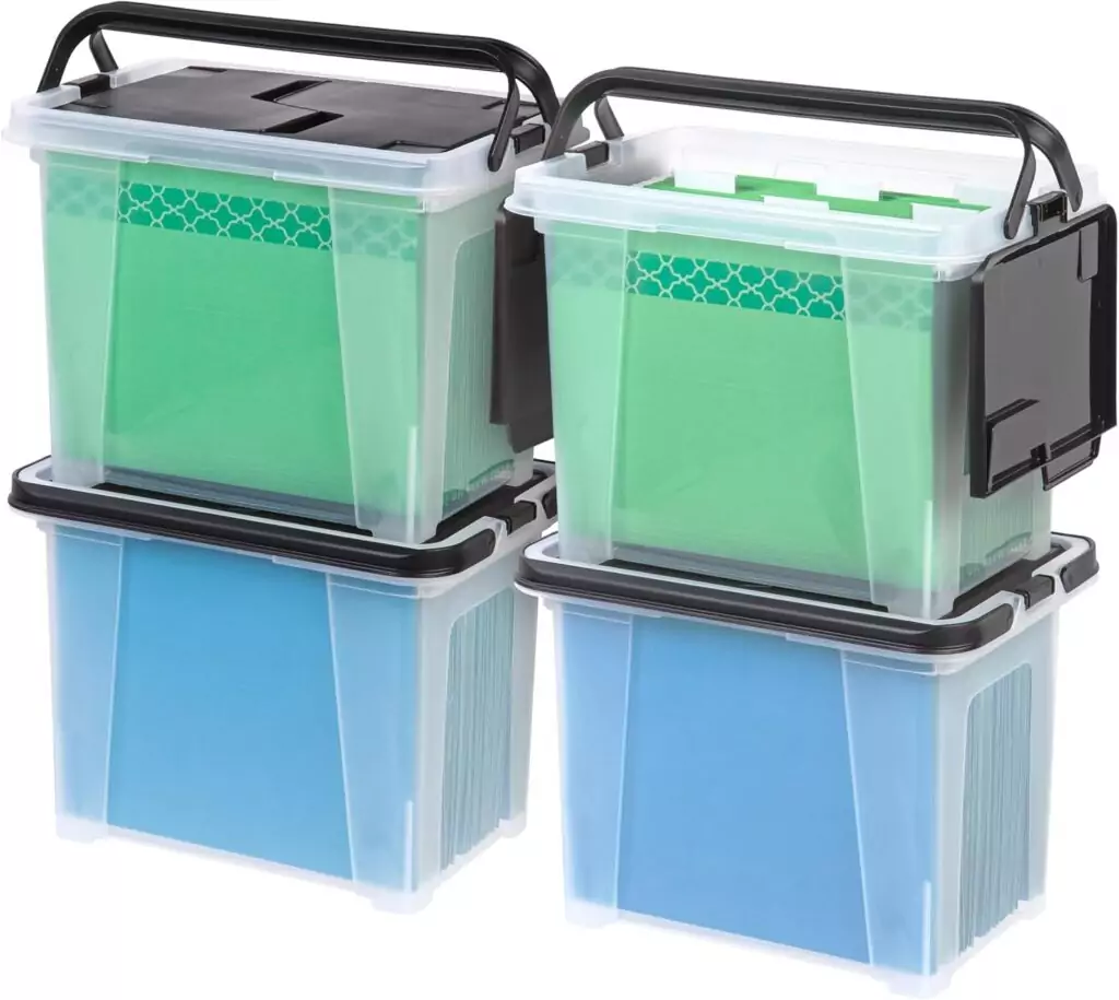 Water-resistant classroom file organizer by Iris USA with wing lid, ideal for storing letter and legal size files efficiently and securely.