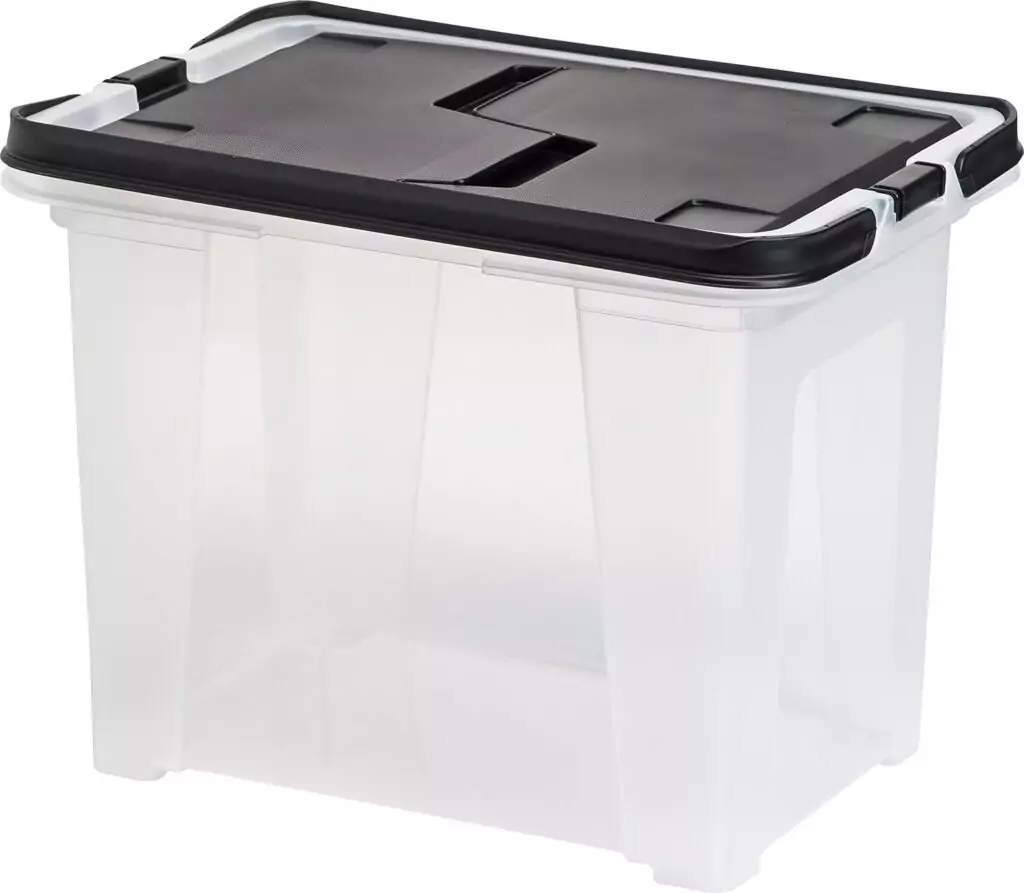 Water-resistant classroom file organizer with wing lid, ideal for storing both letter and legal files efficiently and securely.