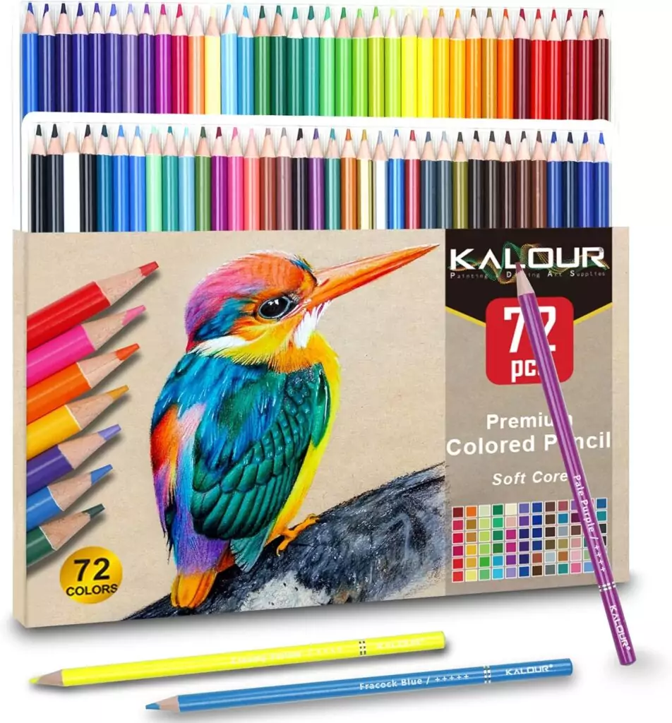 Kalour 72-color soft core pencils set ideal for adult coloring and creating vibrant artwork, perfect for artists seeking quality and variety in coloring tools.