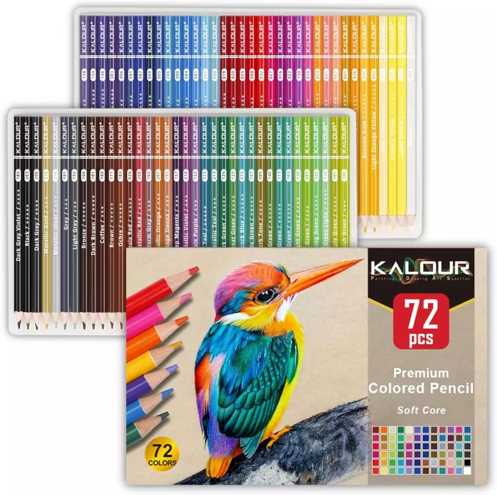 Kalour 72 Soft Core Colored Pencils ideal for adult coloring and blending. Perfect for achieving smooth transitions and vibrant artworks.