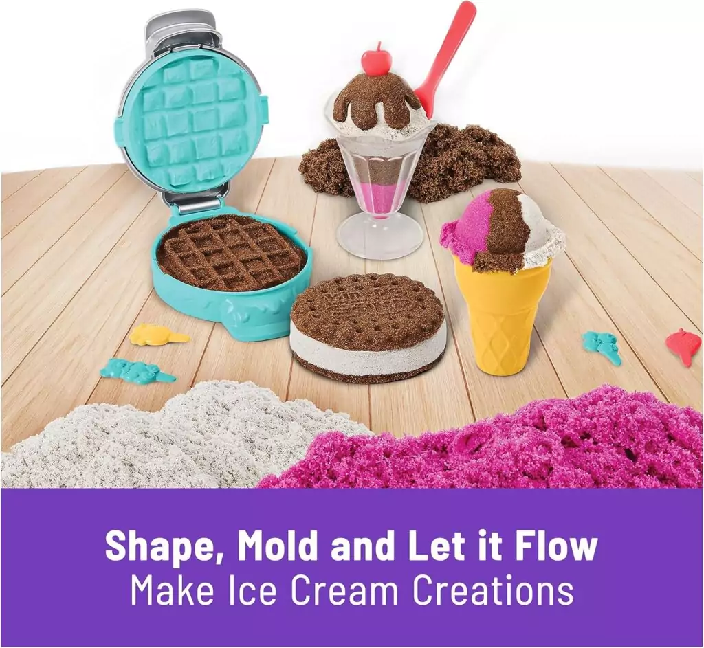Enhance your child's creativity with the Interactive Kinetic Sand Scents Ice Cream Treats Set, featuring three colorful, scented play sands for educational fun.