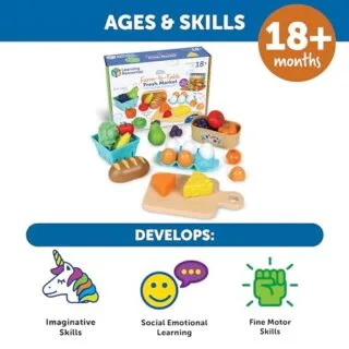 Enhance early learning with a 27-piece farm-to-table play food set, ideal for imaginative play and supporting New Sprouts Fresh Market educational activities.