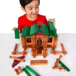Lincoln Logs 100th Anniversary Tin includes 111 authentic wood pieces, perfect for preschool builders to boost creativity and construction skills.