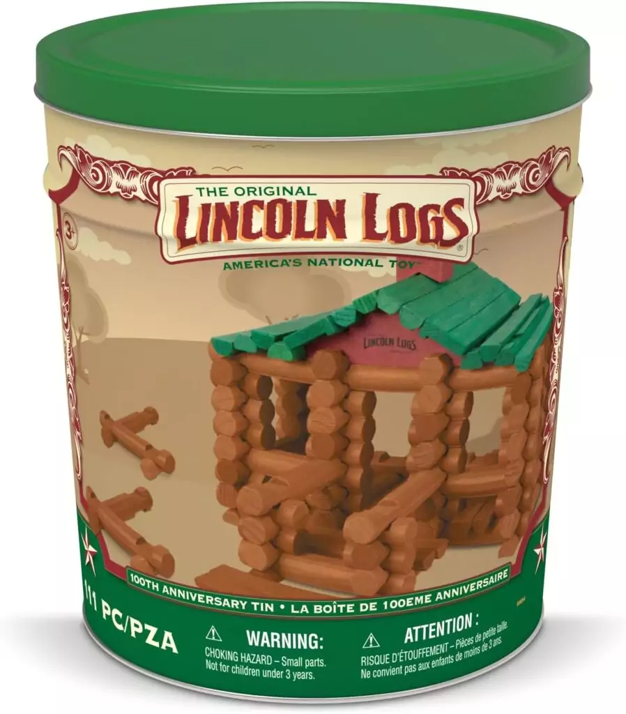 Celebrate Lincoln Logs' 100th Anniversary with this Vintage Collectors Edition. Includes 111 classic wood pieces for preschool builders. Perfect for creative play.