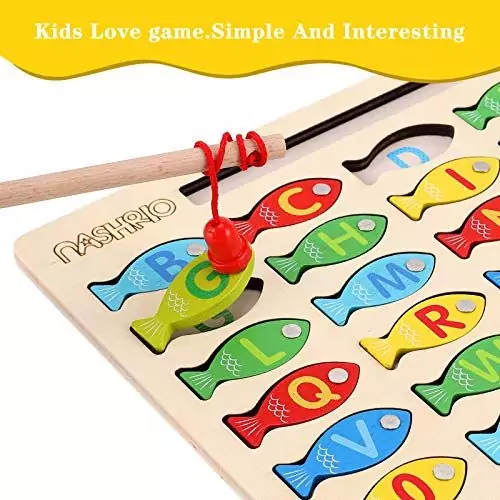 Introduce toddlers to learning with a magnetic fishing game. This toy enhances preschoolers' alphabet recognition, counting skills, and color identification.