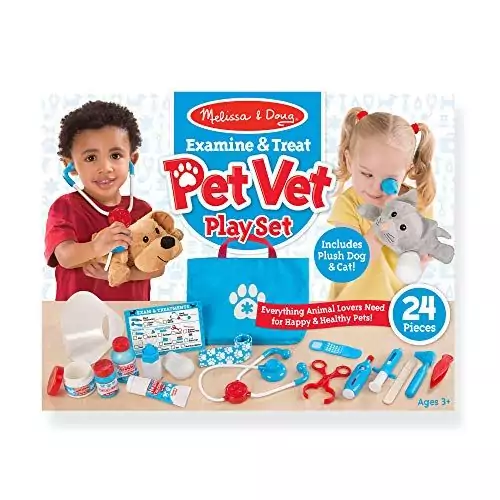 Engage young pet lovers with the Melissa & Doug 24-piece veterinary play set, perfect for preschoolers to explore pet care through imaginative play.