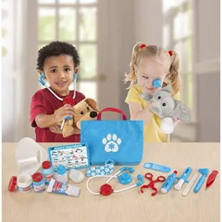 Melissa & Doug Veterinary Play Set offers 24 pieces of educational pet care toys, perfect for preschool fun, developing role-play and nurturing skills.