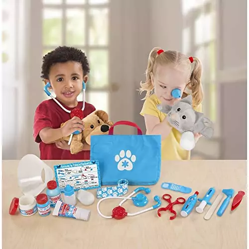 Melissa & Doug Veterinary Play Set offers 24 pieces of educational pet care toys, perfect for preschool fun, developing role-play and nurturing skills.