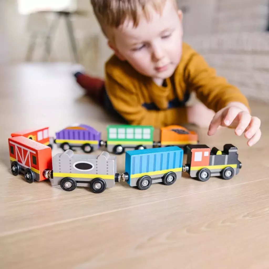 Melissa & Doug Wooden Magnetic Train Set - 8 Piece: Enhance Skills & Imagination with This Educational Toy for Kids; Perfect for Early Development.
