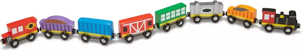 Melissa & Doug Wooden Magnetic Train Set, 8-piece educational toy, enhances skill development and imaginative play for children.