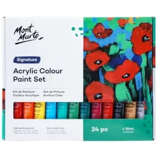 Mont Marte 24 Color Acrylic Paint Set ideal for enhancing art projects on canvas, wood, and fabric, featuring vibrant colors for versatile applications.