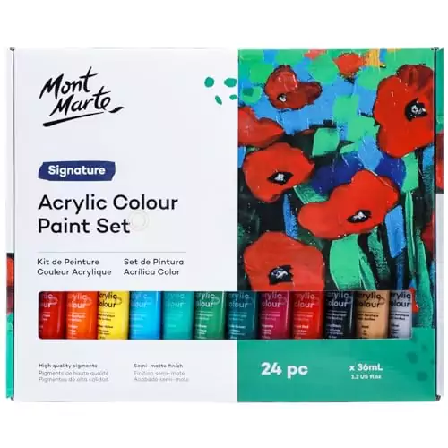 Mont Marte 24 Color Acrylic Paint Set ideal for enhancing art projects on canvas, wood, and fabric, featuring vibrant colors for versatile applications.