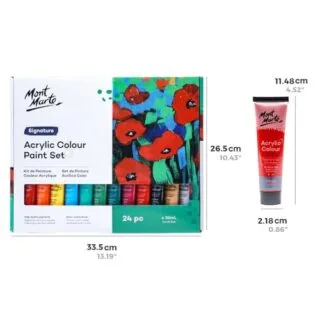Mont Marte 24 Color Acrylic Paint Set includes versatile 36ml tubes ideal for canvas, wood, and fabric art projects, enhancing creativity.