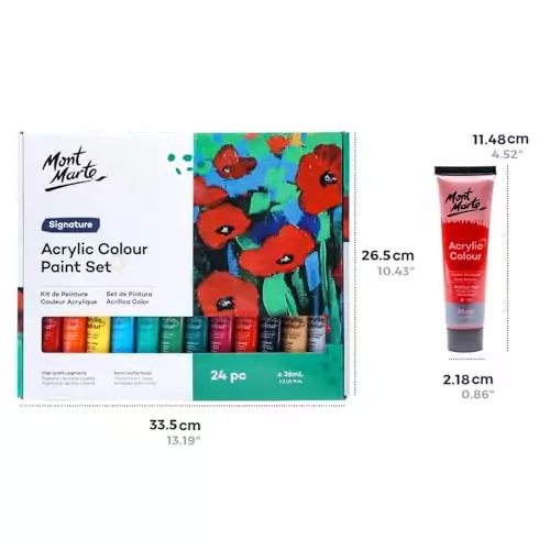 Mont Marte 24 Color Acrylic Paint Set includes versatile 36ml tubes ideal for canvas, wood, and fabric art projects, enhancing creativity.