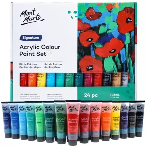 Versatile Mont Marte Acrylic Paint Set: 24 vivid colors perfect for creative projects on canvas, wood, and fabric; ideal for artists and crafters.