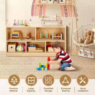 Montessori shelving unit with five sections, perfect for organizing toys and books in a playroom, designed for a kid-friendly and educational space.