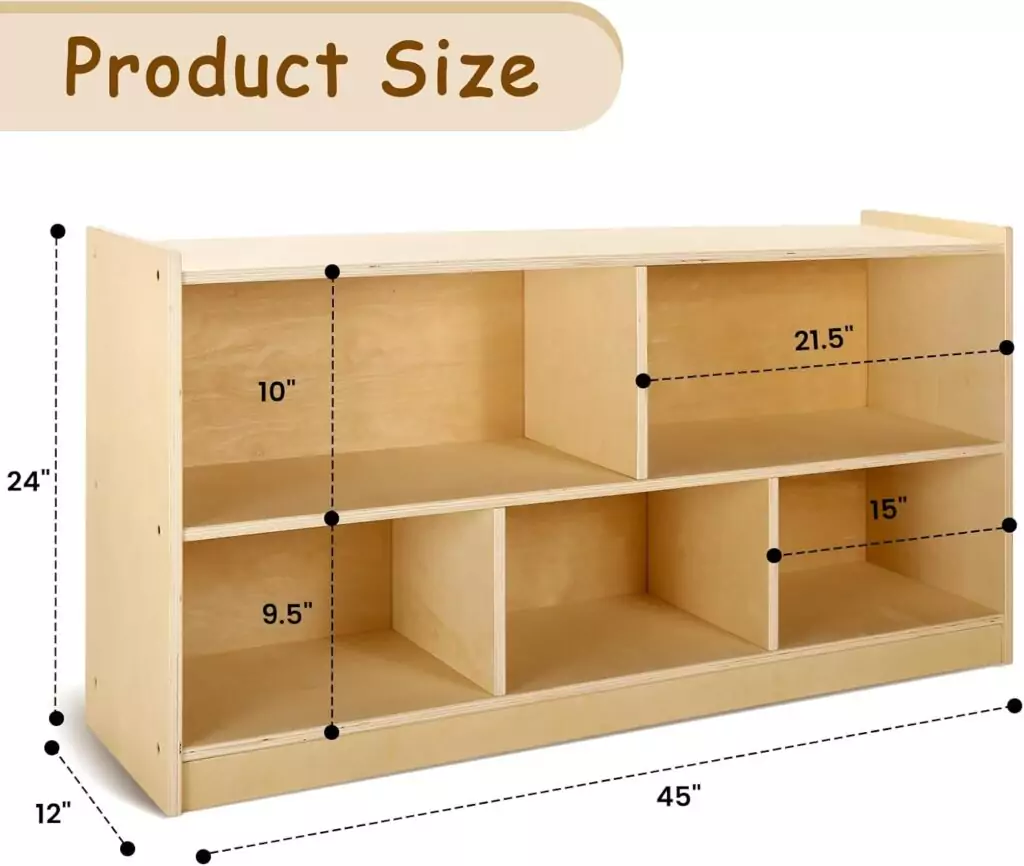 Montessori classroom shelving unit featuring a 5-section design, perfect for organizing children's toys and books efficiently and accessibly.