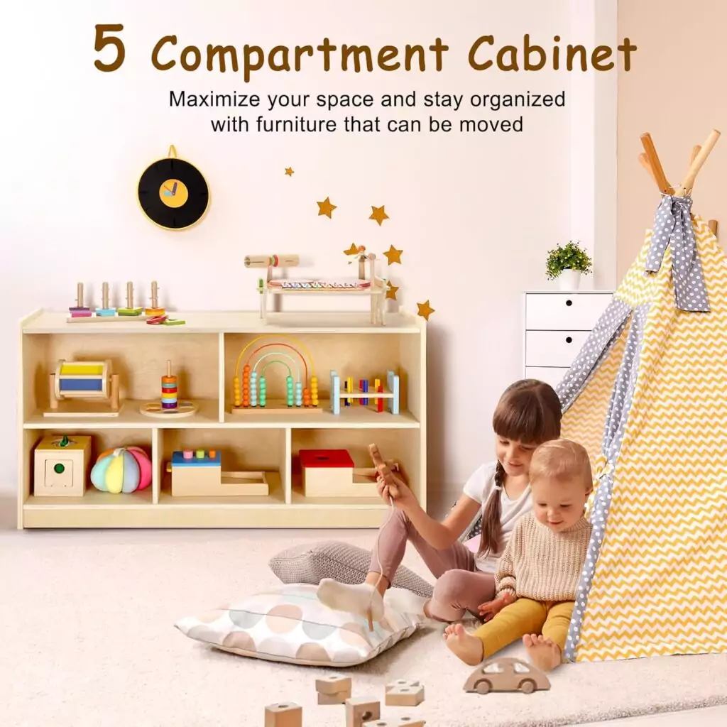 Montessori Classroom Storage Unit: 5-Section Kids Shelving for Organized Toy and Book Storage in Playroom for Enhanced Learning Environment.