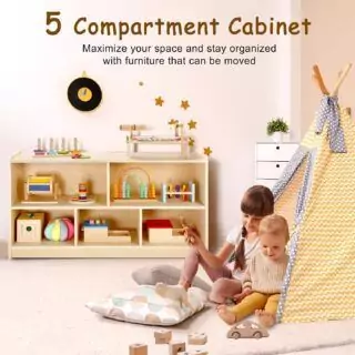 Montessori Classroom Storage Unit: 5-Section Kids Shelving for Organized Toy and Book Storage in Playroom for Enhanced Learning Environment.