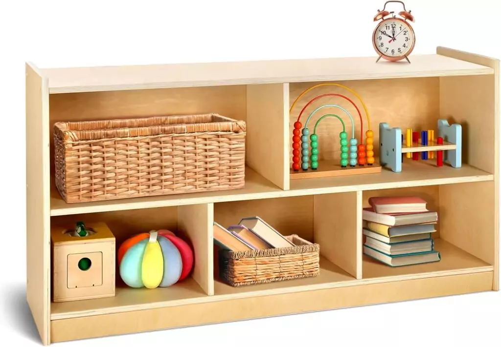 Montessori classroom organizer with 5 sections for efficient toy and book storage, promoting easy access and a tidy learning environment.