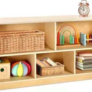 Montessori classroom organizer with 5 sections for efficient toy and book storage, promoting easy access and a tidy learning environment.