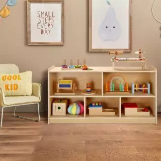 Montessori-style 5-section shelving unit for kids, ideal for organizing toys and books. Perfect addition to any educational or play space.