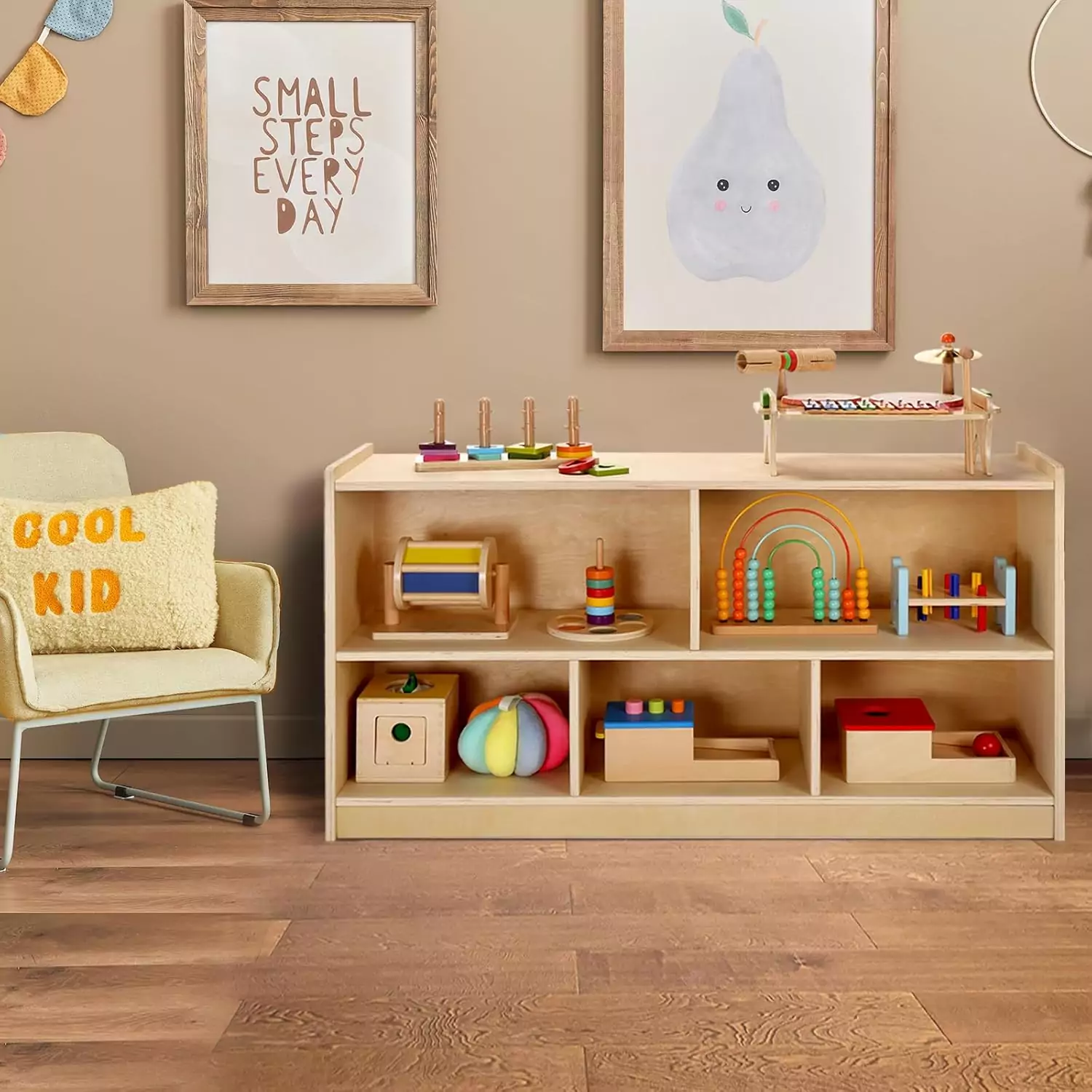 Montessori-style 5-section shelving unit for kids, ideal for organizing toys and books. Perfect addition to any educational or play space.