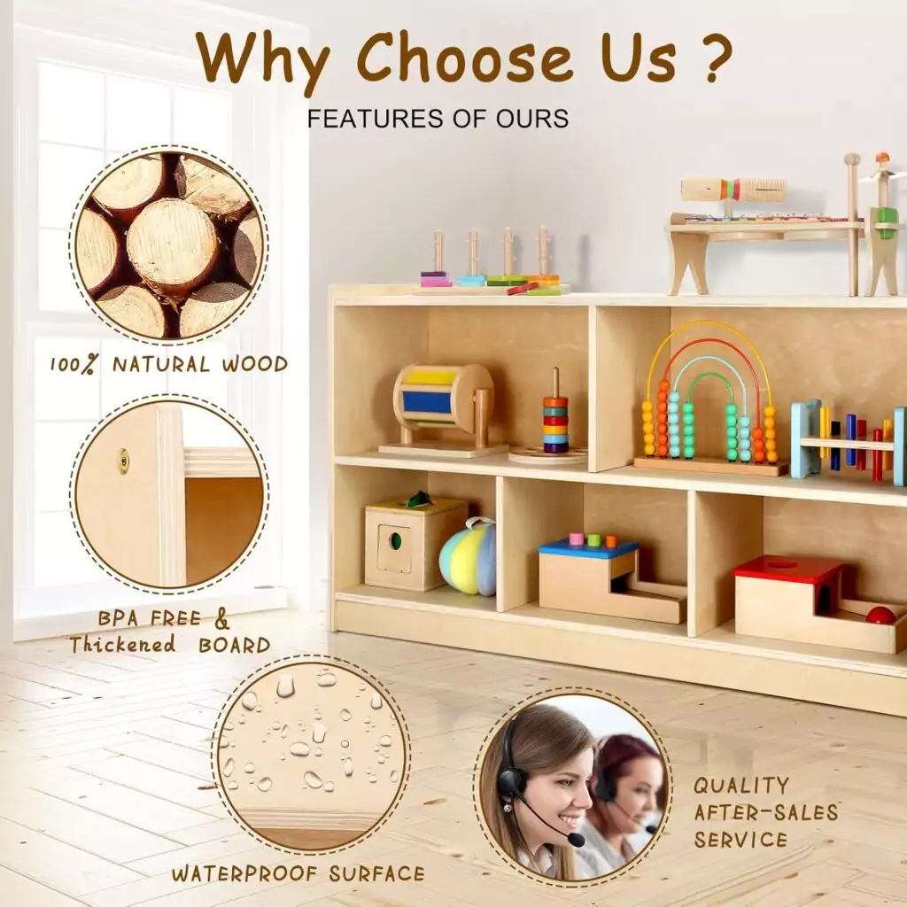 Wooden Montessori shelving unit with 5 sections designed to organize toys and books in a vibrant playroom, enhancing kids' learning environment.