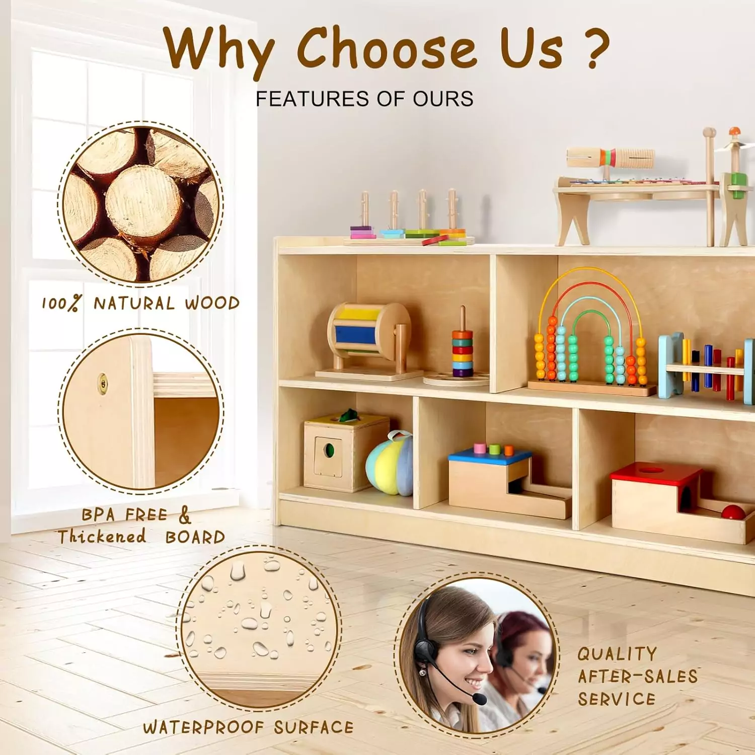 Wooden Montessori shelving unit with 5 sections designed to organize toys and books in a vibrant playroom, enhancing kids