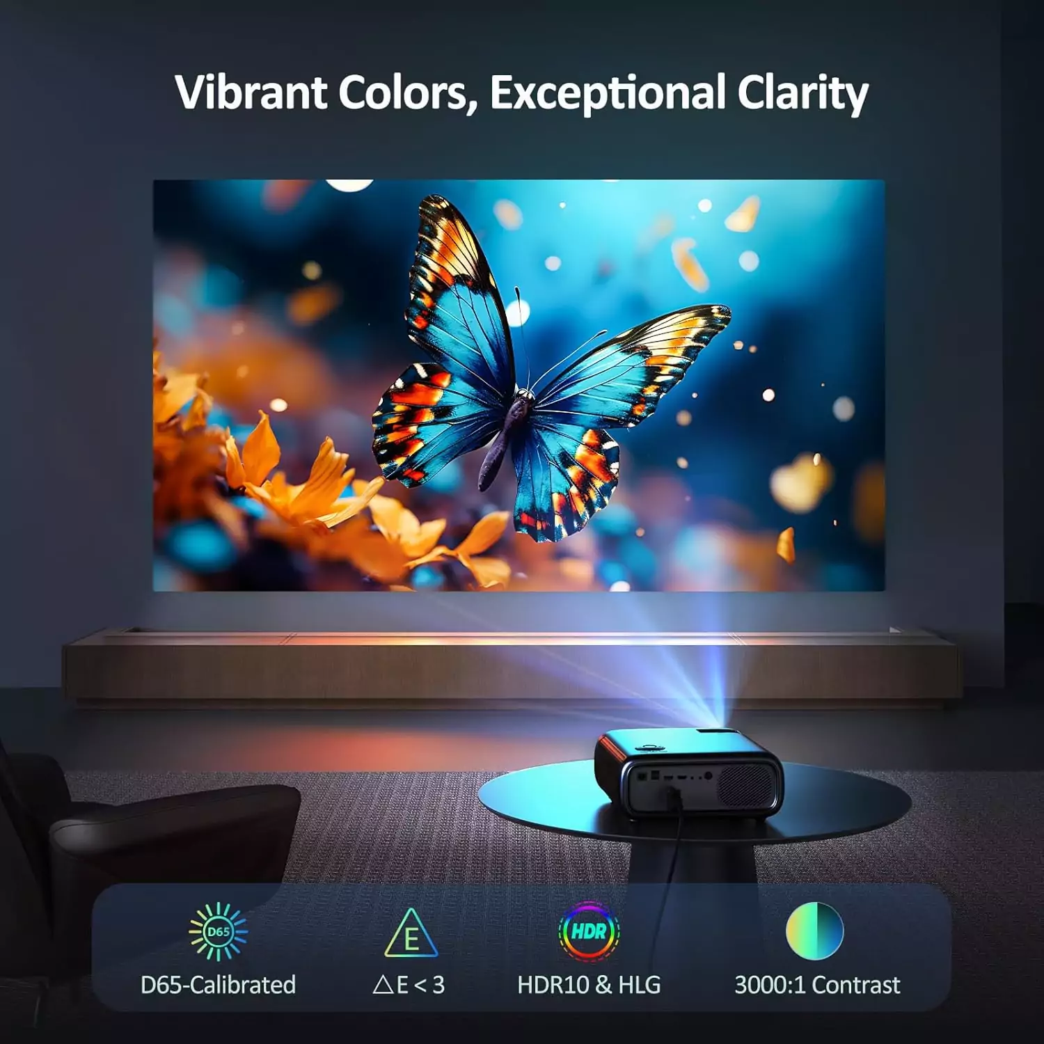 NexiGo PJ40 projector with WiFi and Bluetooth offers D65 calibration, native 1080p resolution, and 4K readiness, ideal for educators and presentations.