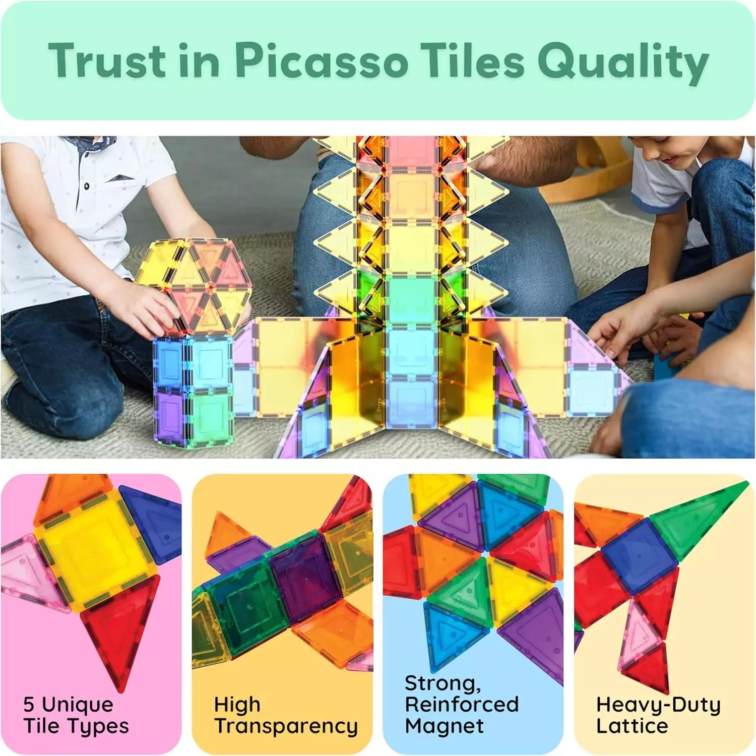 Vibrant 100-piece STEM magnetic building tiles set for toddlers, featuring PicassoTiles construction toys that enhance creativity and learning.