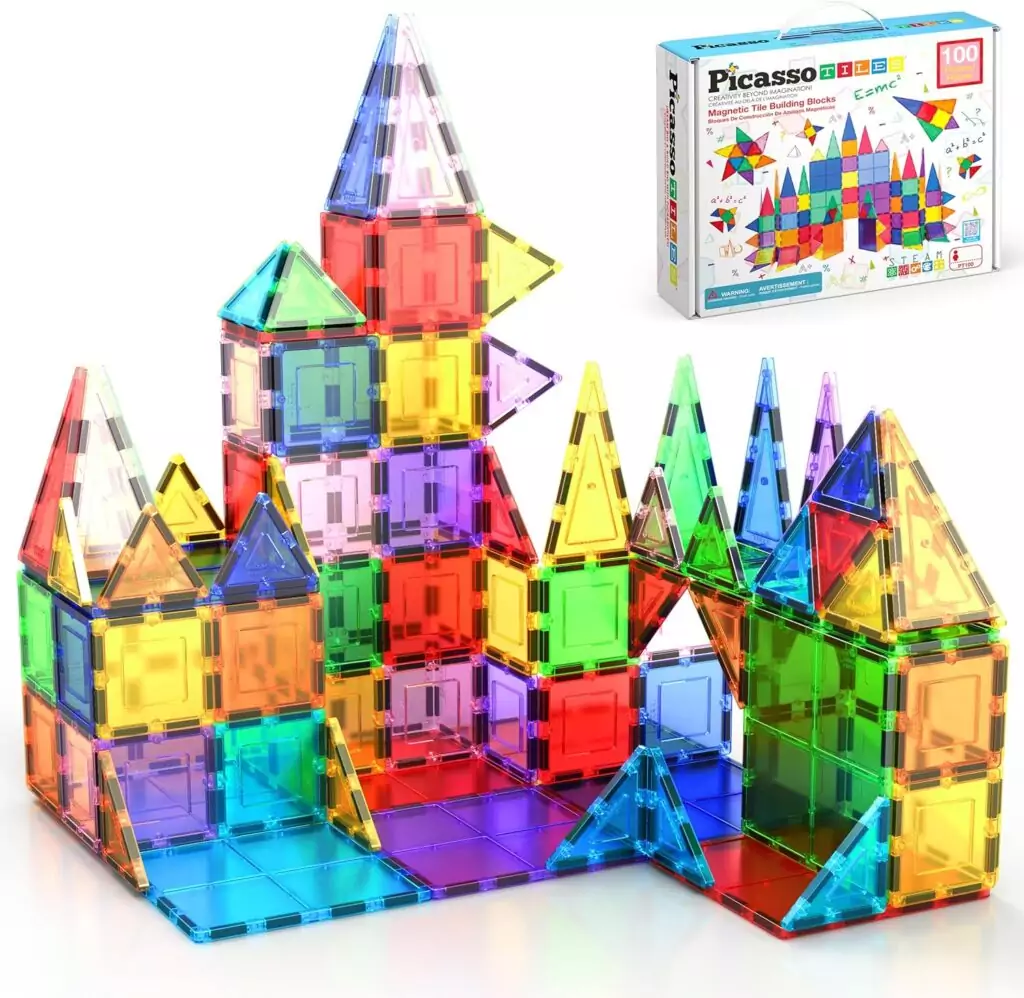 Vibrant PicassoTiles 100 Piece Magnetic Building Set promotes STEM learning and preschool engagement, ideal for toddlers' creativity and development.