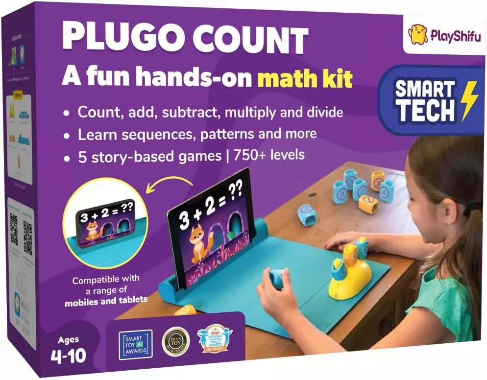 Interactive math toy for kids aged 4-8 by PlayShifu Plugo Count, offering fun and educational learning through engaging play and hands-on activities.
