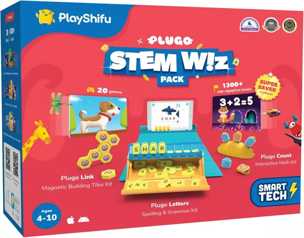 Plugo STEM Pack by PlayShifu: Interactive math and word learning set featuring magnetic blocks for an engaging educational experience.