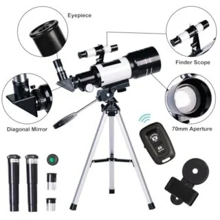 Explore the night sky with this portable 70mm refractor telescope, perfect for both adults and kids. Features 15x-150x zoom for star gazing adventures.