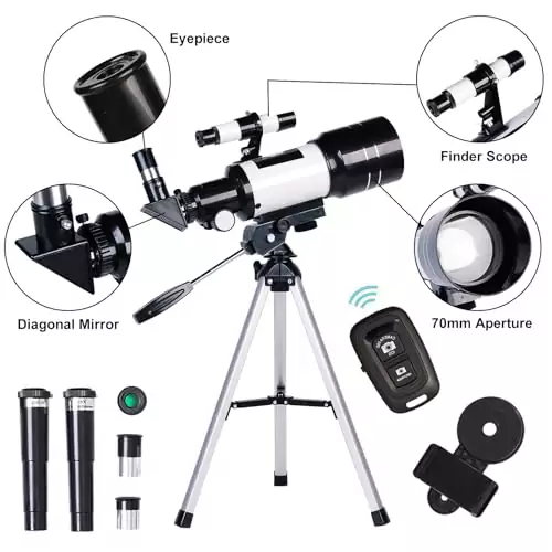 Explore the night sky with this portable 70mm refractor telescope, perfect for both adults and kids. Features 15x-150x zoom for star gazing adventures.