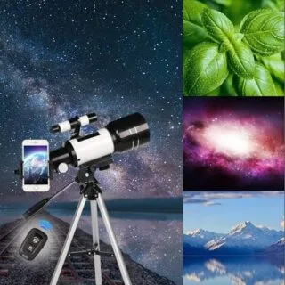 Explore the stars with a portable 70mm refractor telescope offering 15x to 150x magnification; perfect for both adults and kids interested in astronomy.