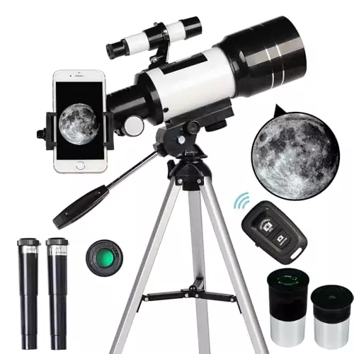 Explore the night sky with a 70mm refractor telescope. Perfect for educators, adults, and kids, offering 15x to 150x magnification for stargazing.