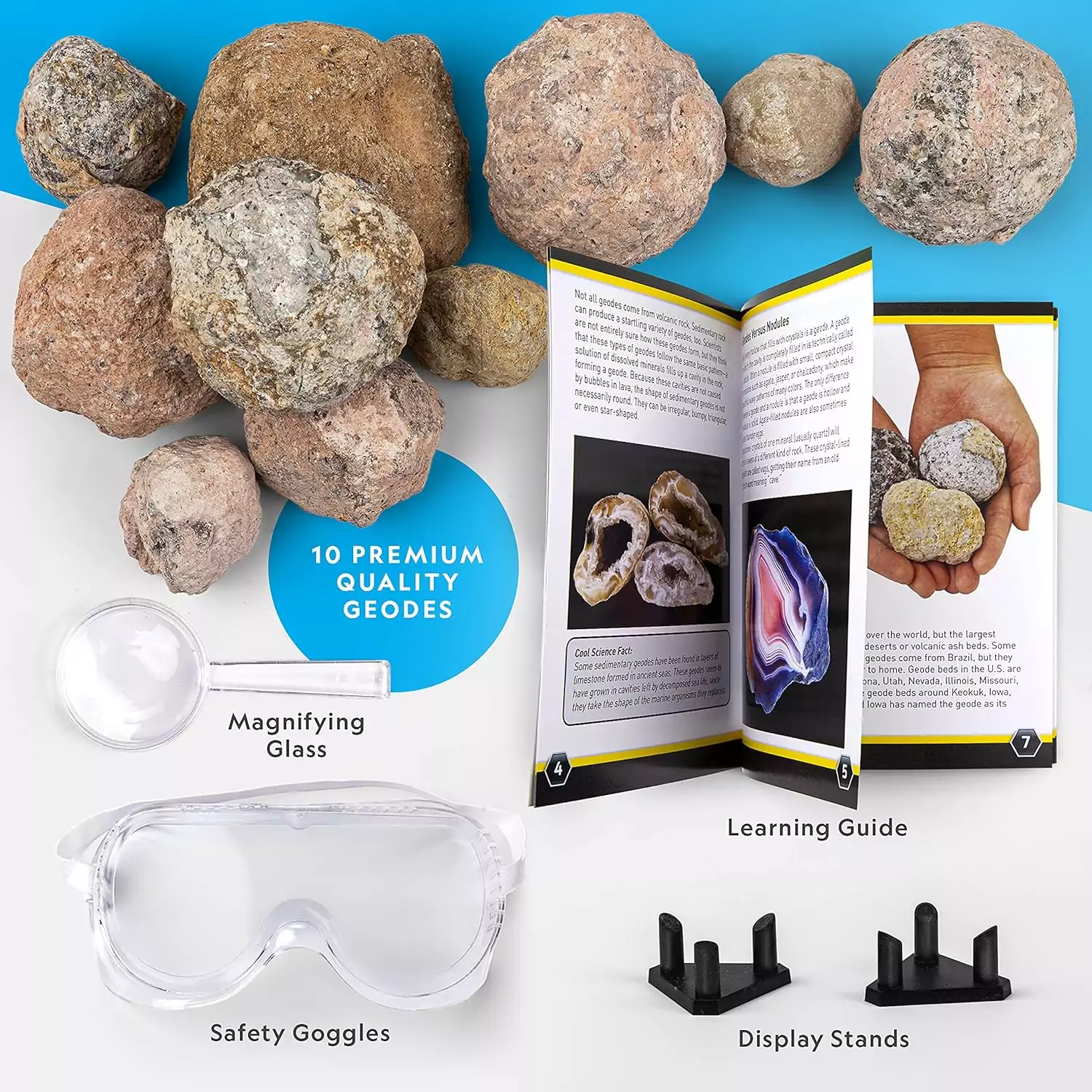 STEM Geodes Kit: Includes goggles and display stands for a hands-on educational exploration experience. Perfect for learning about geology and minerals.