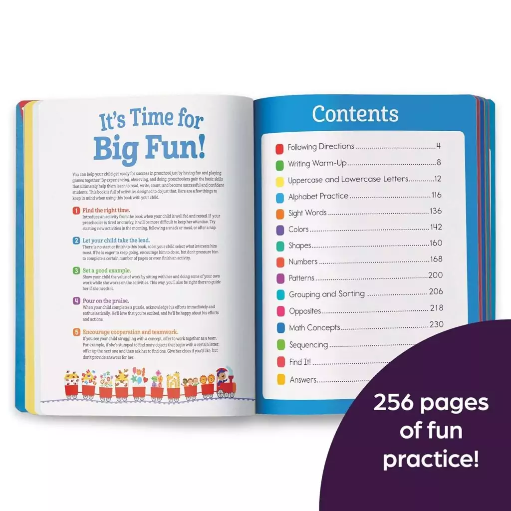 Preschool Learning Fun Workbook with 256 Pages: Engaging Math and Language Arts Activities for Kids, Featuring a Vibrant Cover