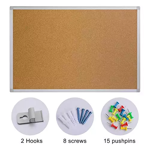 Silver Aluminum Framed Cork Board 36x48 - Perfect Wall Mounted Notice Board for Educators, Features Durable Construction for Classroom Announcements