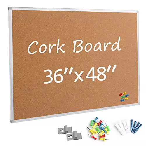 Wall-mounted 36x48 silver aluminum framed cork board ideal for educators, perfect for organizing notes, reminders, and presentations in classrooms.
