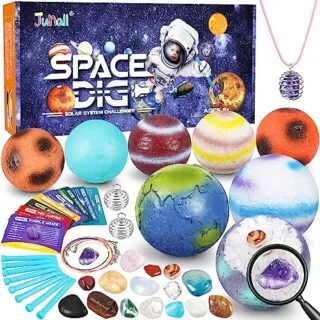 Explore the Space Exploration Gem Dig Kit, featuring 16 captivating gems and 8 planet replicas for an interactive STEM-focused excavation adventure.