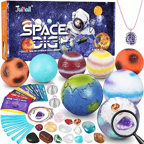 Explore the Space Exploration Gem Dig Kit, featuring 16 captivating gems and 8 planet replicas for an interactive STEM-focused excavation adventure.